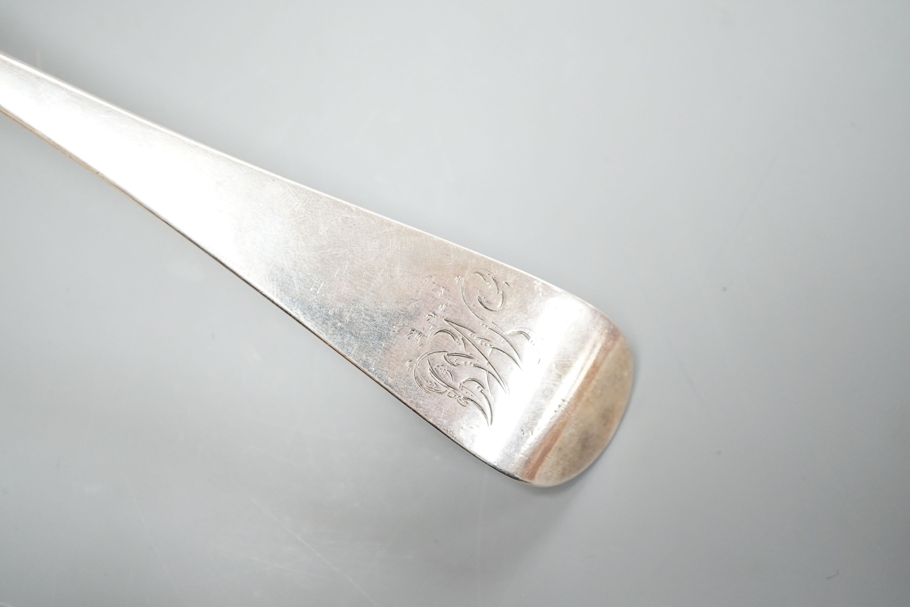 A George III Scottish silver Old English pattern soup ladle, James Gilliland, Edinburgh, 1770, 36.7cm, 206 grams.